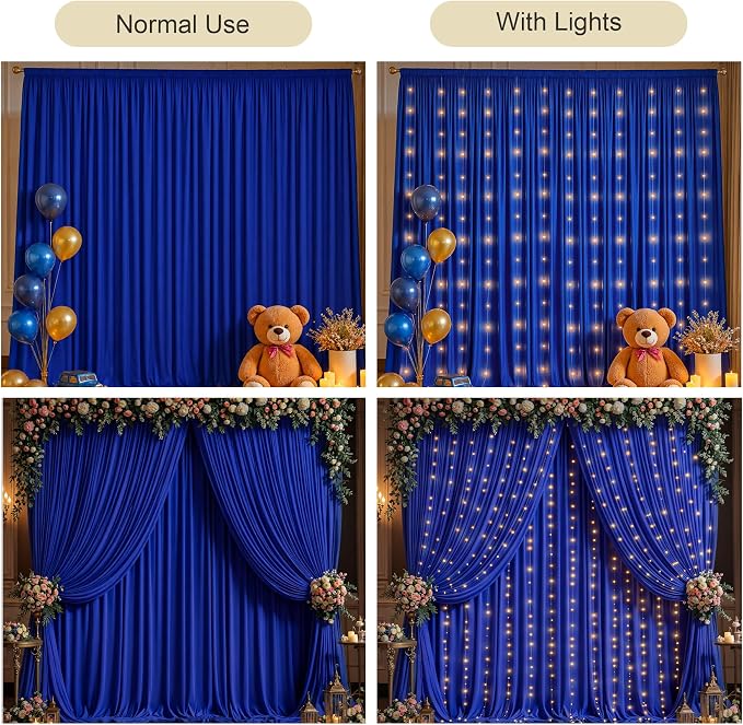 Royal Blue Backdrop Curtains with Lights for Parties,10x10FT Wrinkle Free Wedding Photo Backdrop Drapes Fabric for Baby Shower Birthday Ceremony Reception Home Party Decorations