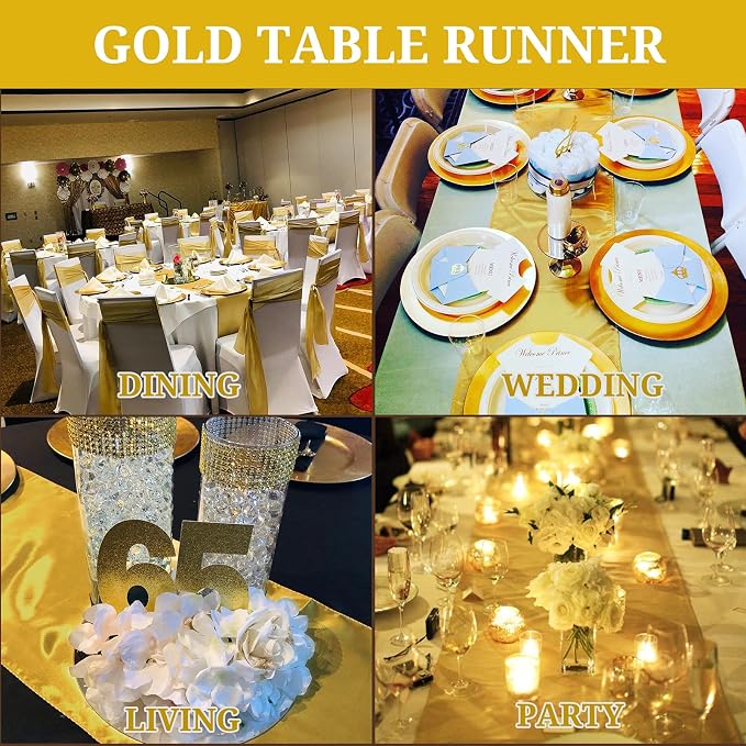 Pesonlook 15 Pack Gold Satin Table Runners 12 x 108 Inch Long Table Runners for Rectangle Round Tables, Smooth Satin Table Runner for Wedding, Birthday Party Banquets Decoration