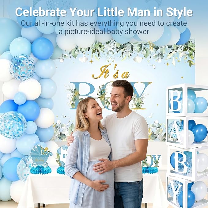 Baby Boy Shower Decorations, 107Pcs All-in-One Blue Themed Set for Baby Party, Pregnancy Gender Announcement, Easy to Assemble, It's a Boy Baby Shower Decorations