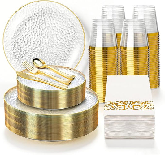 350PCS Clear Gold Plastic Dinnerware Set, Clear and Gold Plastic Plates, Include 100 Plastic Plates, 150 Gold Disposable Silverware, 50 Cups and 50 Napkins for Party and Wedding
