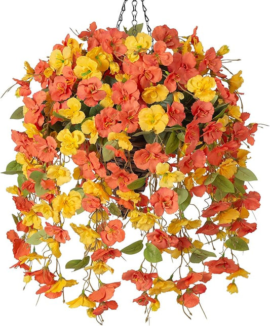 Ivydale Artificial Fake Hanging Flowers Baskets for Outdoors, UV Resistant Faux Hibiscus Plants Trailing Vines Realistic Silk Spring Flowers for Planters Outside Patio Porch Balcony Garden Home Decor