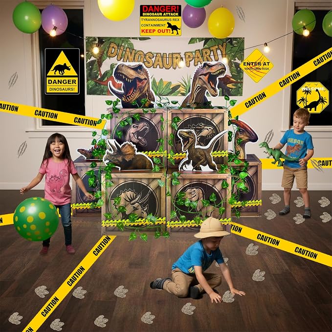 Dinosaur Party Decorations Set – 6 Dino Boxes with 3D Toppers, 4 Signs, 2 Vines, Caution Tape & 40 Footprint Stickers – Dino Birthday Supplies, Baby Shower & Jurassic Room Decor