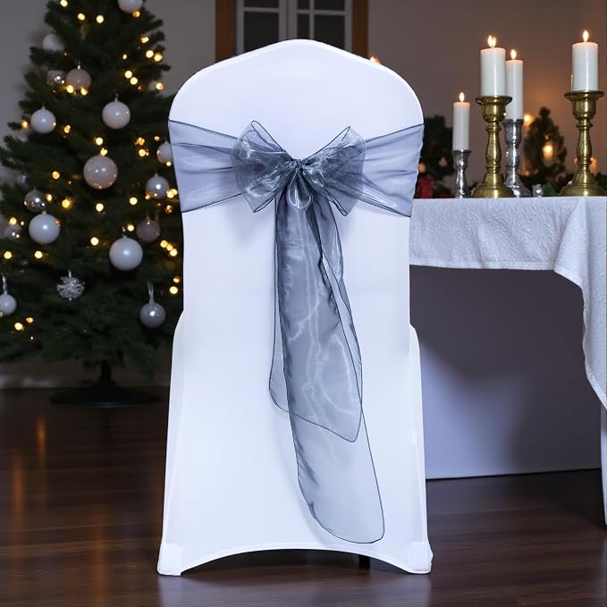 MDS® Pack of 75 Organza Chair Sashes for Wedding Decoration, Reusable Sheer Chair Bows for Banquet Chair Cover, Reception, Bridal Shower, Baby Shower, Birthday Party & Special Events - Silver Grey