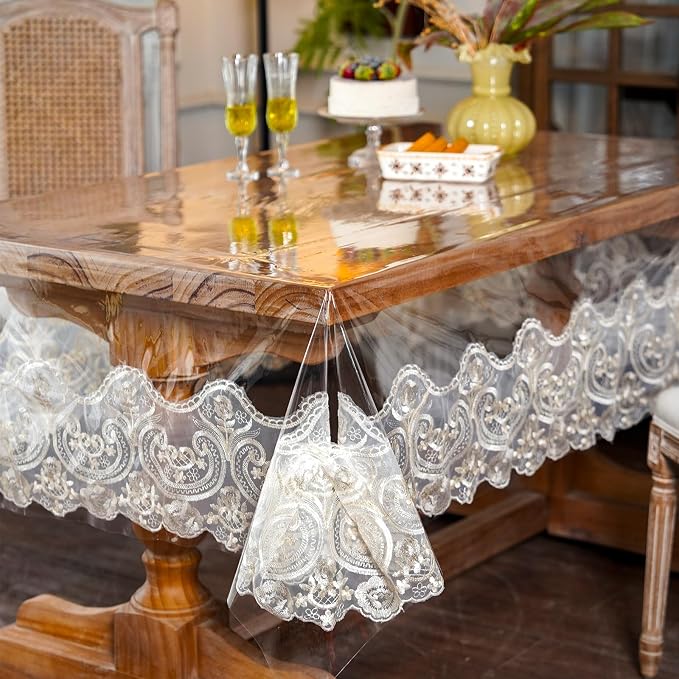 ARTABLE Vinyl PVC Rectangle Tablecloth Waterproof Clear Table Cover with Champagne Lace Macrame Border for Wedding Kitchen Home Outdoor Indoor Holidays Party Decor (Beige, 52 x 70 Inch)