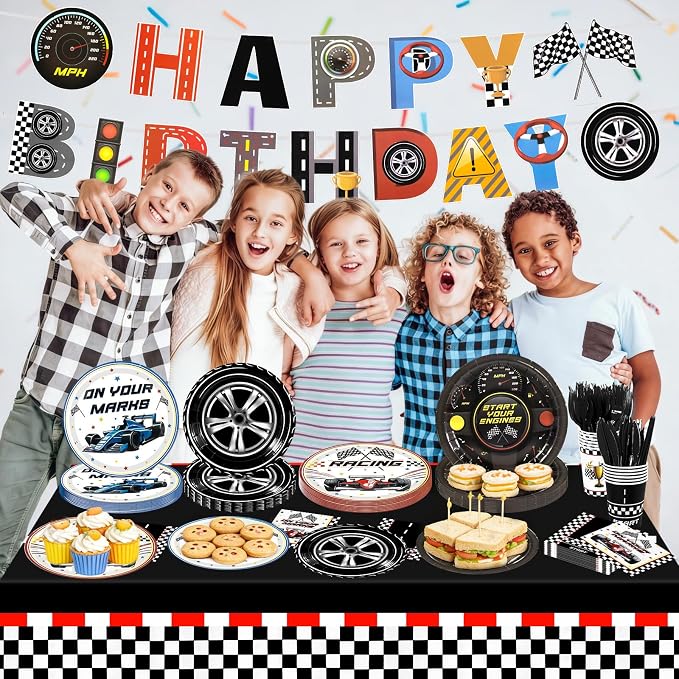 Race Car Party Decorations,182pcs Racing Themed Birthday Party Supplies Includes Banner,Tablecloths,Plates and Napkins,Tableware Set,for Boys Birthday Decorations,Serves 30