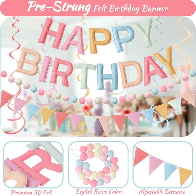 Kriyokiaa Pre-Strung Felt Happy Birthday Banner Retro Pastel Happy Birthday Party Decorations with Pom Pom Garland, Flag and Hanging Swrils for Women Girls Party Decor