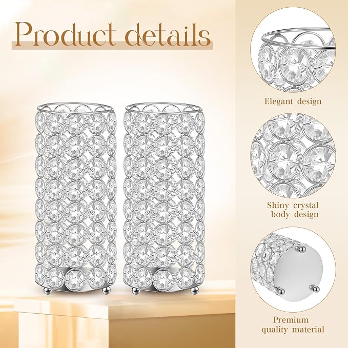 Dandat 8 Pcs Crystal Flower Vase for Wedding Table Centerpieces 7.87 in Crystal Pillar Metal Cylinder Flower Vase Stand for Christmas Wedding Decor Gifts Arrangement Event(Silver)
