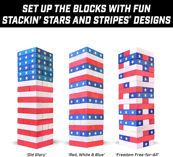 GoSports Giant Wooden Stacking Game - Stacks Up to 5 ft - Choose Brown Wood Stain, Gray, Natural, Stars & Stripes, or Tropical Hardwood - Toppling Tower