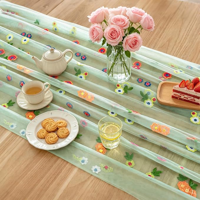 BINBE 1pcs Daisy Spring Table Runner Embroidery Gauze 10FT Florals Seasonal Tulle Holiday Birthday Kitchen Dining Table Decor for Home Party Sage Green