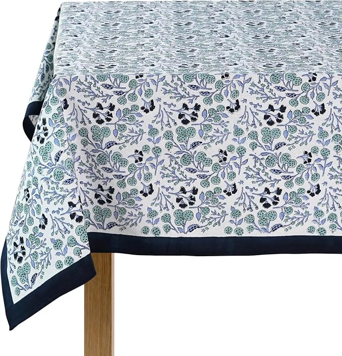Ridhi Denim Blue Hand Block Print Cotton Rectangle Tablecloth 102" x 48" inches Reusable Table Cover Decorative Everyday Use for Dining Room, Farmhouse, Home Gift for Spring, Mother's Day