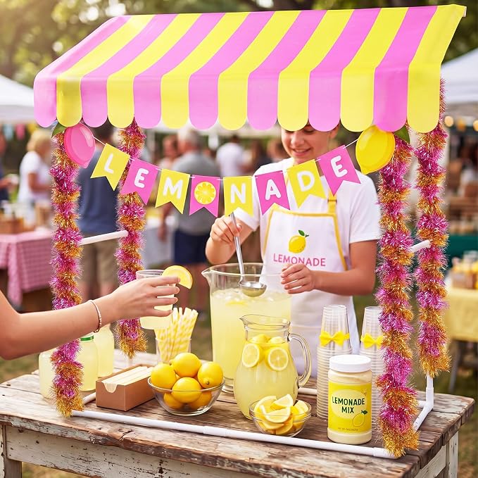 7 Pcs Lemonade Stand Supplies Lemonade Bar Party Decoration with 1 Set Plastic Stand 1 Yellow and Pink Striped Sunshade Cloth 4 Yellow and Pink Tinsel 1 Banner for Outdoors Summer Party Supplies