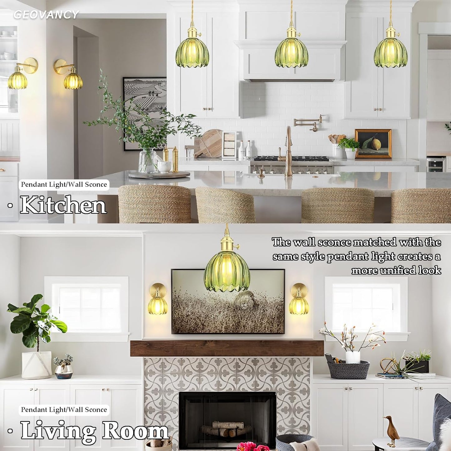 Vintage Gold Rechargeable Pendant Light with 70 Inch Cord and Exquisite Tulip Green Glass Shade for Kitchen Island, Living Room & Dining Room, Ideal Hanging Light for Multiple Spaces