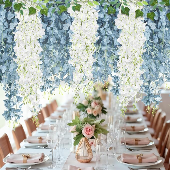 25 Pcs Artificial Wisteria Hanging Flowers 3.6ft Dusty Blue & White Fake Hanging Flowers Garland Silk Flowers Rattan String Faux Wisteria Vine for Wall Home Wedding Party Arch Greenery Backdrop Decor
