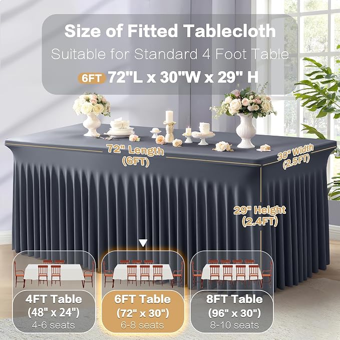Shillance 6 Packs Grey Spandex Tableclothes for 6 Foot Rectangle Table, Spandex Table Covers 6FT Stretch Table Skirts Wrinkle Free Fitted Table Cloth for Event, Wedding, Banquet & Parties
