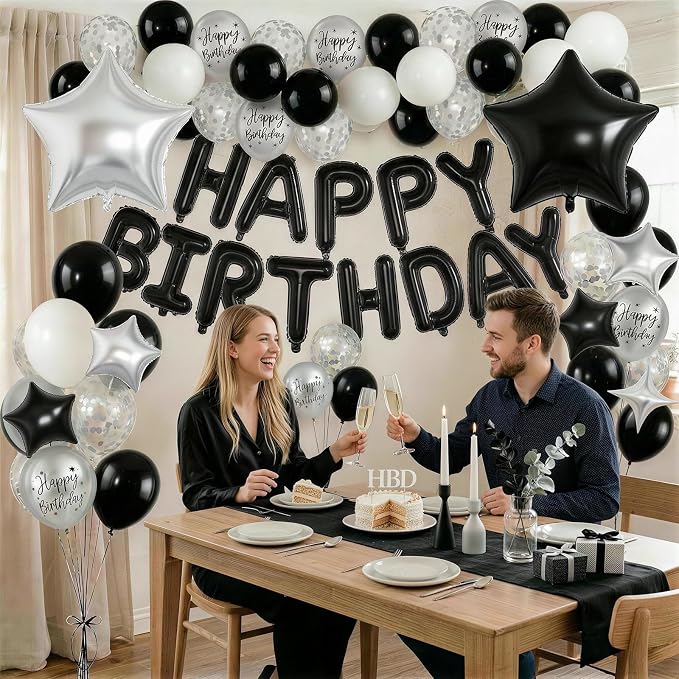 Black and Silver Birthday Decorations for White Black Silver Metallic Print Party Balloons Confetti Balloon Happy Birthday Banner 18/10 Inch Heart Balloons Star Balloon for Men Bday Party Supplies