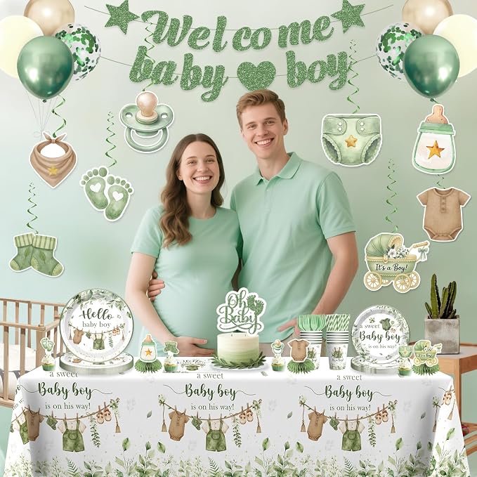 Xynic 201PCS Greenery Baby Shower Decorations Boy Tableware Set, 25 Serves Disposable Thick Plates and Napkins Set, with Pre-strung Banner, Tablecloth, for Baby Shower Boy Decorations