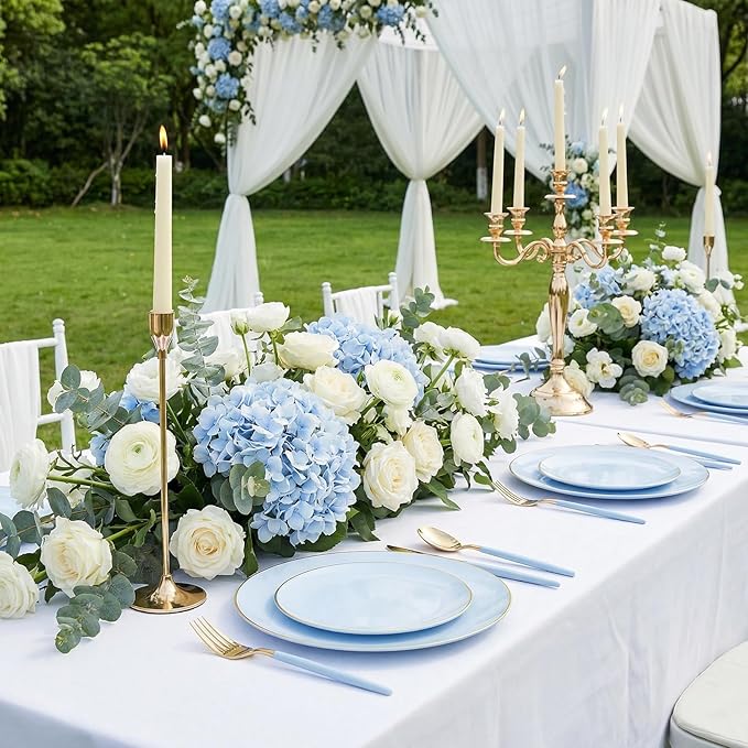 DaYammi 150Pcs Blue Plastic Plates with Gold Rim,Disposable Blue Party Plates Include 30 Dinner Plate,30 Salad Plate,30 Forks,30 Knives,30 Spoons,Fancy Disposable Platos for Party,Wedding,Baby Shower
