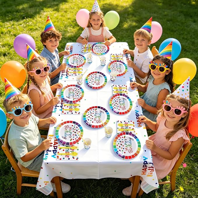 163pcs Colorful Happy Birthday Party Supplies Decorations Set-Rainbow Dot Design Disposable Tableware Kit with Plates,Napkins,Cups,Straw,Balloons,Party Blower,Tablecloth for Kids Boys Girls