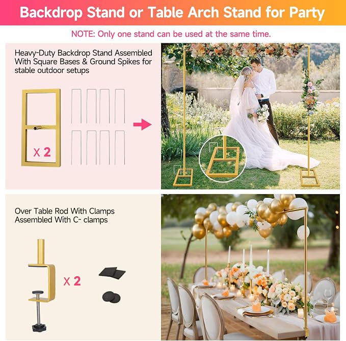 Square Backdrop Stand, Wedding Arch Heavy Duty Adjustable Stand, Over The Table Rod Stand with Clamps, Metal Gold Garden Balloon Frame for Baby Shower Party Decoration