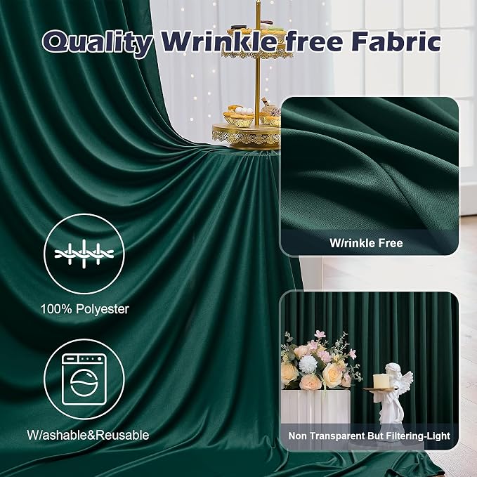 30ft x 8ft Wrinkle Free Hunter Green Backdrop Curtain for Jungle Parties, 6 Panels 5×8ft Soft Silky Green Polyester Photo Backdrop Drapes for Wedding Birthday Photography Christmas Background Cloth