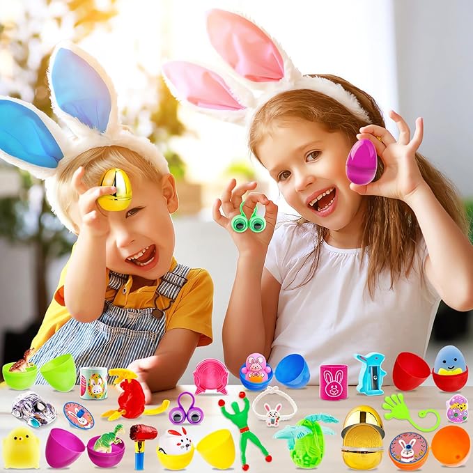 Adisher [ 6 Surprise Golden Eggs ] 100 PACK Prefilled Easter Egg Fillers, Easter Basket Stuffers Egg Hunt with Toys Goodie Bags Stuffers Party Favors Classroom Prize Supplies for Kids