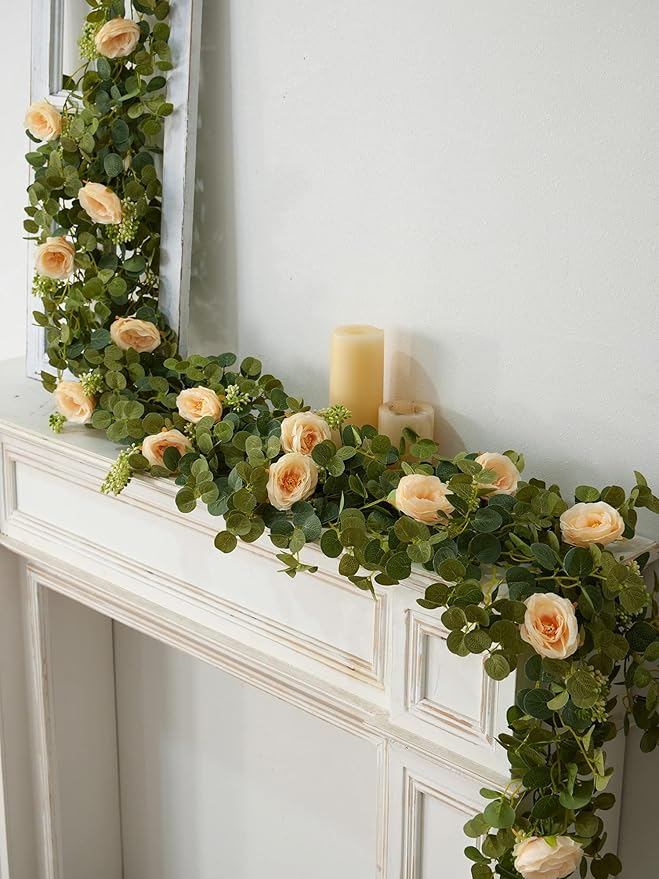 PARTY JOY 2pcs 6.56ft Eucalyptus Garland with Flowers-8 Champagne Roses-Lush,Natural Looking, Floral Garland Greenery for Party Wedding Table Indoor Outdoor Backdrop Wall Decor（Champagne）