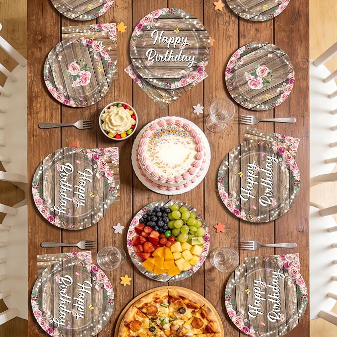 96Pcs Wooden Birthday Party Supplies Wooden Butterfly Happy Birthday Plates and Napkins Wood Grain Pink Rustic Tableware Set for Girls Floral Baby Shower Party Decorations Serves 24