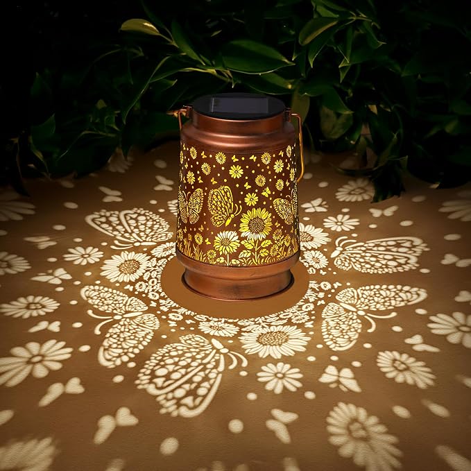 2 Pack Butterfly Solar Lanterns Outdoor Waterproof Sunflower Garden Decor Birthday Gifts for Women Mom Grandma Hanging Solar Lights Metal Lantern Decoration Outside for Porch,Patio,Yard,Backyard