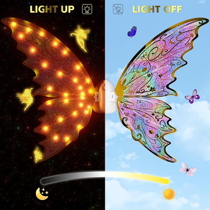 maysida Gold Fairy Wings for Kids and Girls, Light-up Electric Sparkling Wings Princess Halloween Set with Wand, Crown, Butterfly Wings – Ideal for Cosplay, Party, Birthday, Christmas