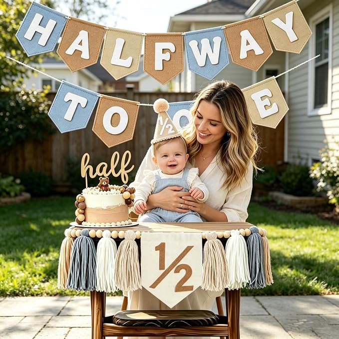 1/2 Birthday Boy Decorations-Half Way to One 6 Months Birthday Set with High Chair Banner Cake Topper & Hat for Baby Boy Party Supplies