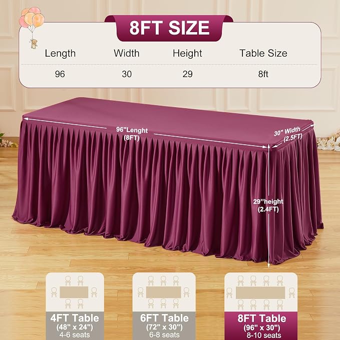 2 Packs Burgundy Polyester Table Clothes for 8 Foot Rectangle Tables, Wrinkle Free Fitted Table Cover 8ft Stretch Tablecloths with Skirt for Parties Weddings Birthday Banquet Baby Shower