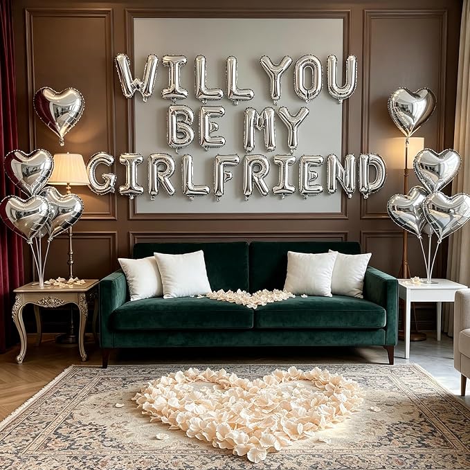 2 Set Silver Will You Be My Girlfriend Balloons - 42pcs 16" Letter Balloon 1200pcs Cream White Artificial Rose Petals 10pcs 18" Heart Balloons Alphabet Foil Balloon for Valentines Day Decorations