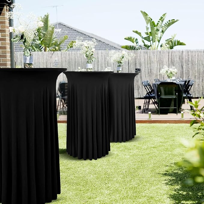 2 Packs Round Cocktail Table Skirt 32"x 43" Spandex Stretch Cocktail Tablecloth with Wavy Drapes, Black Spandex Fitted High Top Table Covers for Wedding Party Birthday Banquet Bar