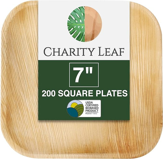 Charity Leaf Disposable Palm Leaf 7" Square Plates (200 pieces) Bamboo Like Serving Platters, Disposable Boards, Eco-Friendly Dinnerware For Weddings, Catering, Events