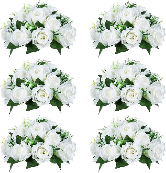 NUPTIO White Flower Centerpieces for Wedding Tables, Artificial Flower Ball | 6 Pcs 9.5 inch, Fake Floral Rose Arrangement for Birthday Party, Bridal Shower, Quinceanera Decorations
