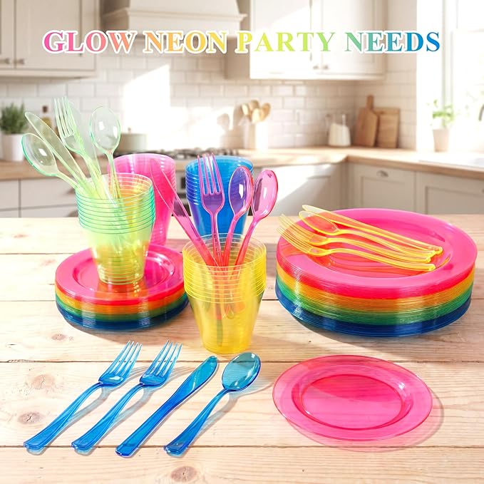 Supernal 216pcs Plastic Dinnerware Set include Rainbow Disposable Plates for Party Heavy Duty,Colorful Disposable Cups,Plastic Silveware in Neon Pink,Blue,Green,Yellow, Pefect for Birthdays