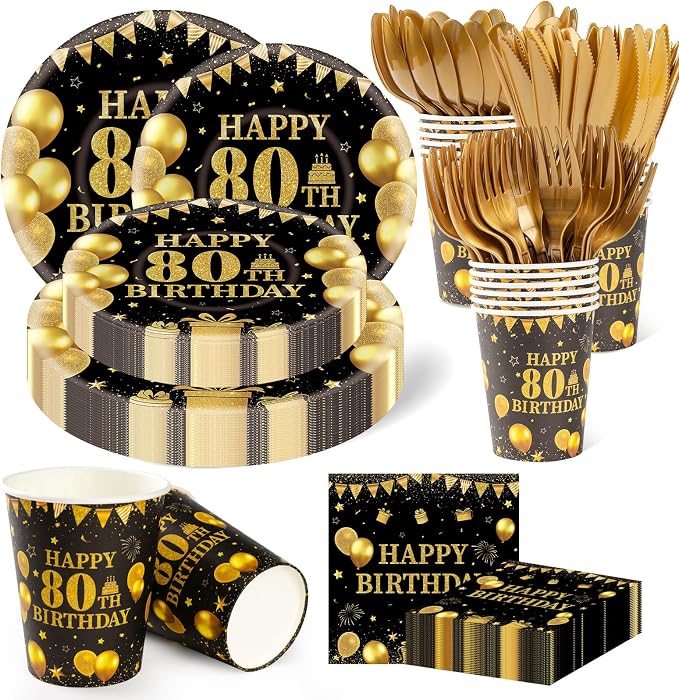 350PCS 80th Birthday Party Decorations for 50 Guests Black and Gold Party Supplies Include Disposable Paper Plates, Napkins, Cups, and Tableware