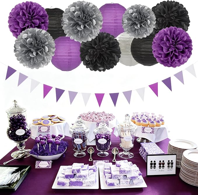 Purple-Black Silver Party-Decorations Paper-Flowers Lanterns - 15pc Lavender Birthday Graduation Tissue Pom Poms Streamers,Bachelorette Bridal Baby Shower Engagement Wedding Halloween Decor Panduola