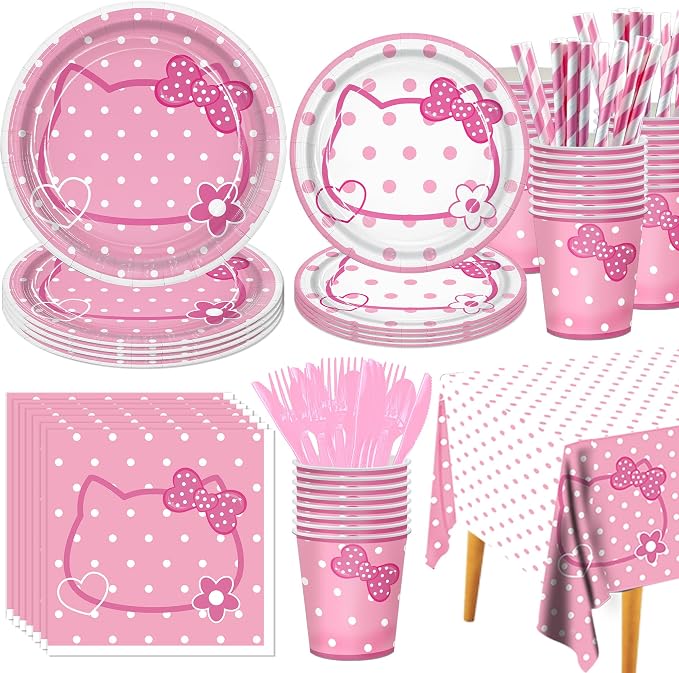 161PC Pink kittens Birthday Party Supplies Kit - Includes Pink Cat Dot Plates Napkins Cups Tablecloth Straws Forks Spoons Knives for Girls Party, Baby Shower, Cute Kattyy Decorations serve 20 Guests