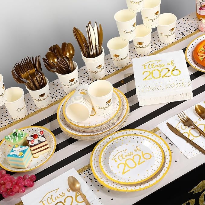 350pcs Class of 2026 Graduation Plates and Napkins Set, Disposable Paper Plate Set Polka Dots Napkins Cups Knife Fork Spoon for Graduation Party Decorations and Supplies,Serve 50 (White Gold)