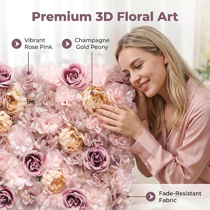 3D Flower Wall Backdrop 6 Pack, 24x16 Inch Coffee & Pink Artificial Rose Panels for Wedding, Party, Photo Studio, Home & Fence Decor
