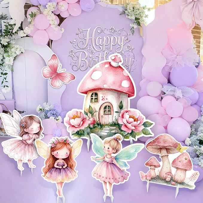 6 Pcs Fairy Wonderland Birthday Party Decoration Mushroom House Baby Shower Decoration Fairy First Birthday Cardboard Cutout Photo Props for Girls Women Party Supplies