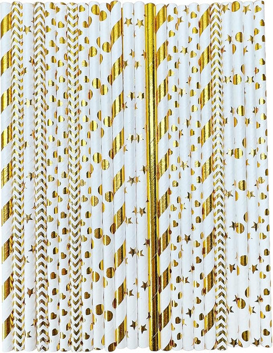YAOSHENG [100 Pack] Golden Paper Straws Disposable 100% Biodegradable Multi-Pattern Party Straws For Birthday, Wedding and Holiday Decoration (golden)