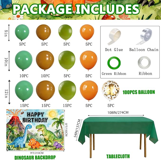 Dinosaur Birthday Party Decorations 119 PCS – 7x5FT Dino Backdrop with 105 Balloon, 6 Dino Boxes, Tablecloth, Ivy Vines & Jungle Theme Birthday Party Supplies for Kids