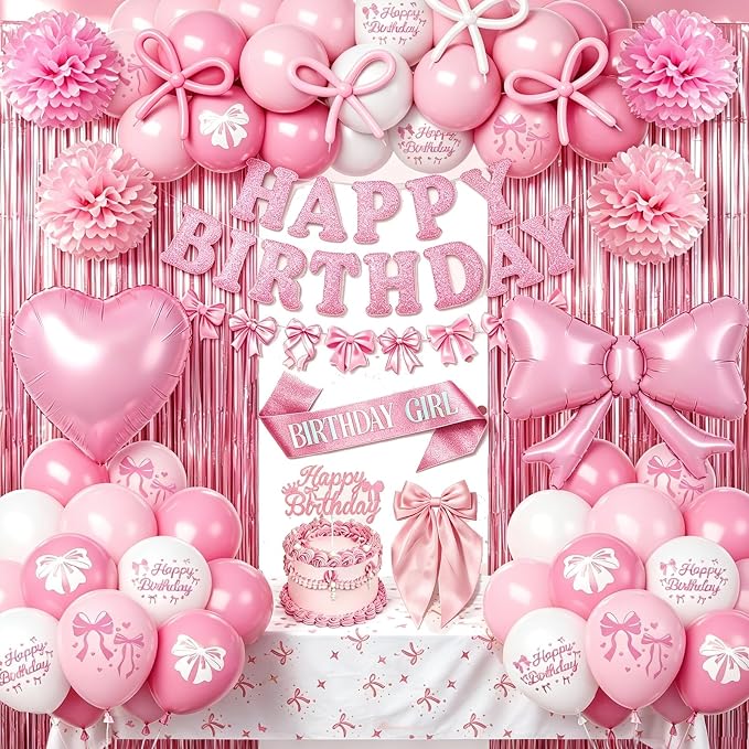 Pink Bow Birthday Decorations, Coquette Party Supplies with Balloons, Fringe Curtain, Birthday Sash, Pink Hair Bow, Tablecloth, Banner, Paper Pompoms, Cake Topper for Women Girls Bday Party Decor