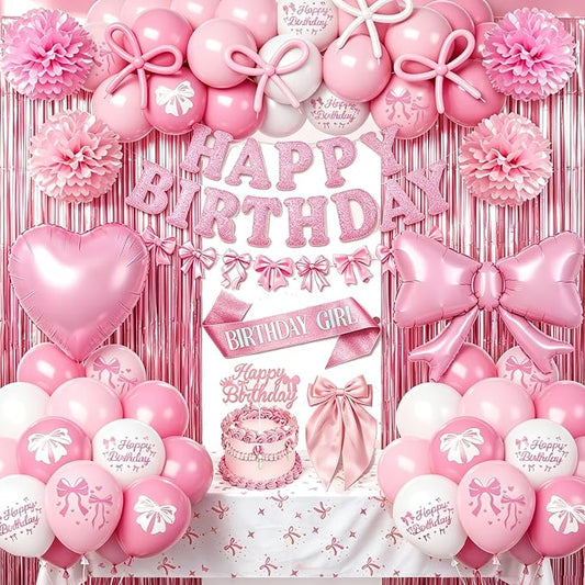 Pink Bow Birthday Decorations, Coquette Party Supplies with Balloons, Fringe Curtain, Birthday Sash, Pink Hair Bow, Tablecloth, Banner, Paper Pompoms, Cake Topper for Women Girls Bday Party Decor