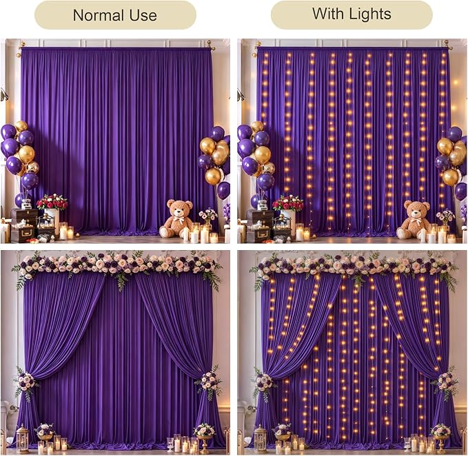 Purple Backdrop Curtains with Lights for Parties,20x10FT Wrinkle Free Wedding Photo Backdrop Curatin Drapes Fabric for Baby Shower Birthday Ceremony Reception Home Party Decorations