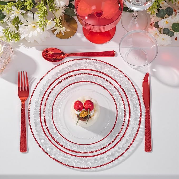 Ciaell 150 PCS Red Plastic Plates – Clear Hammered Disposable Plates with Red Rim include 50Plates, 25Forks, 25Knives, 25Spoons, 25Cups for Wedding & Party & Anniversary & Mother's Day