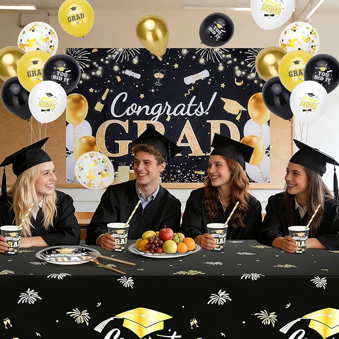 2026 Graduation Party Decorations Kit - 280 Pcs Black Gold Graduation Party Supplies Include Plates, Napkins,Cups, Straws,Tablecloth,Balloon Garland Congrats Grad Backdrop for 25 Guests