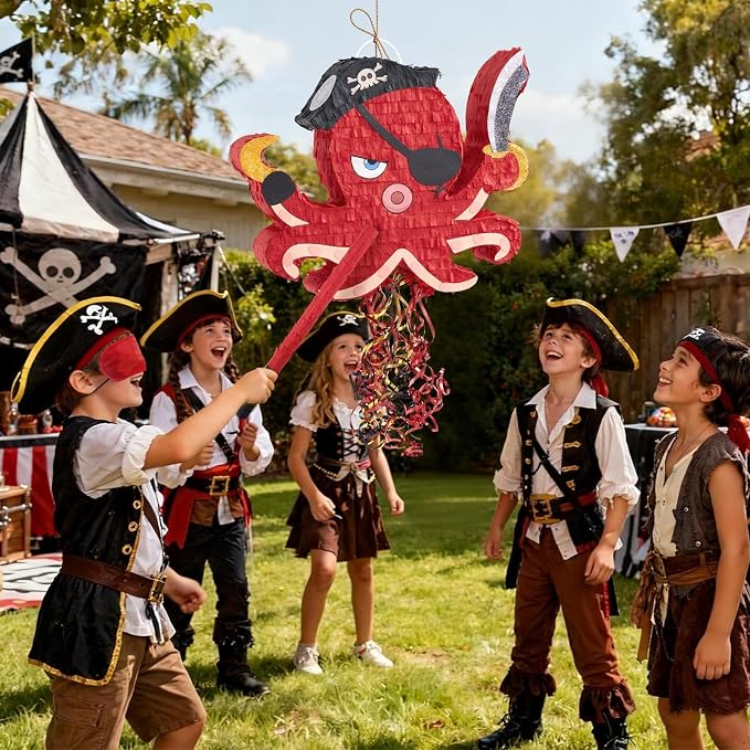 WERNNSAI Pirate Octopus Piñata - Pirate Birthday Decoration Animal Piñata with Blindfold and Stick for Caribbean Party Decoration Men Boys Birthday Anniversary Carnival Celebration Supplies